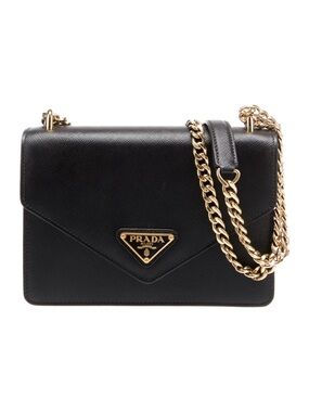 PRADA Saffiano Soft Calfskin Leather Chain Shoulder Bag Black